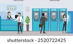 People inside bank, office interior design. Concept with business people at atm and terminal. Offline banking, cartoon bank manager and customers. Flat vector illustration