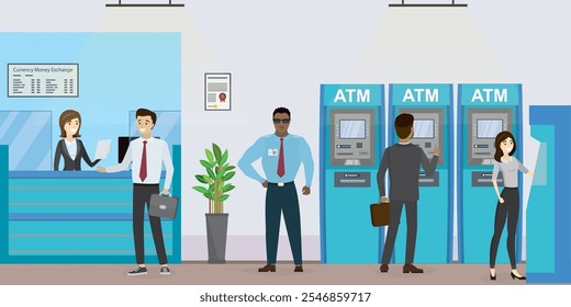 Personas dentro del banco, diseño interior de oficinas. Los empresarios usan cajeros automáticos y terminales. Gerente de banco de dibujos animados y Clientes. Guardia de seguridad con uniforme. Humanos en varias poses. Ilustración vectorial plana