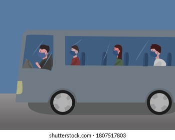 people inside bus with mask and driver driving