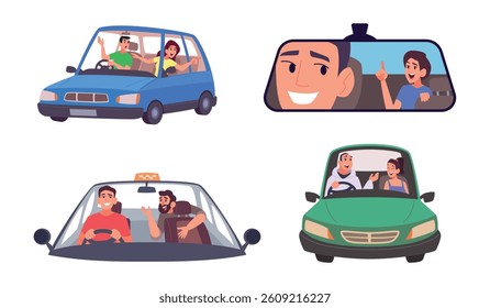 People inside car. Driving people talking when drive vehicles small talk dialogue in different situations exact vector trevellers