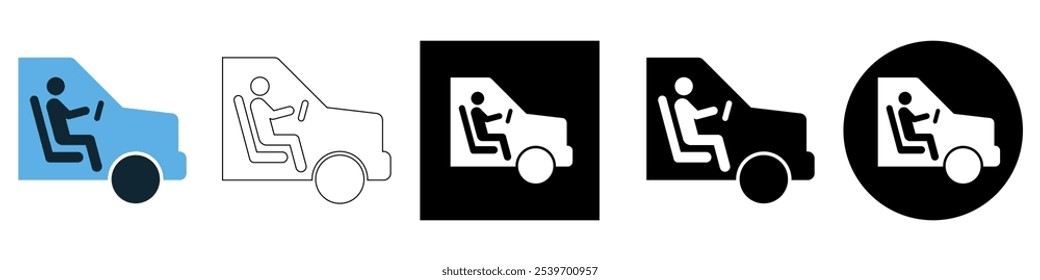 Personas dentro del coche o del coche de conducción humana que sostienen el volante, conductor del coche del usuario, prueba de conducción o aprende, Transporte concepto Vector pictograma signo símbolo diseño UI y UX, glifos y línea de golpe