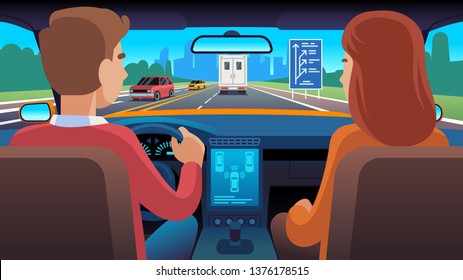 People Inside Car Interior. Travel Driver Navigation Seat Dating Family Passengers Taxi Safety Speed Road, City Trip Flat Vector Illustration