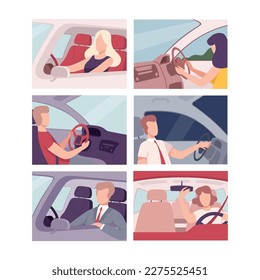 People inside car set. Male and female drivers characters driving car flat vector illustration
