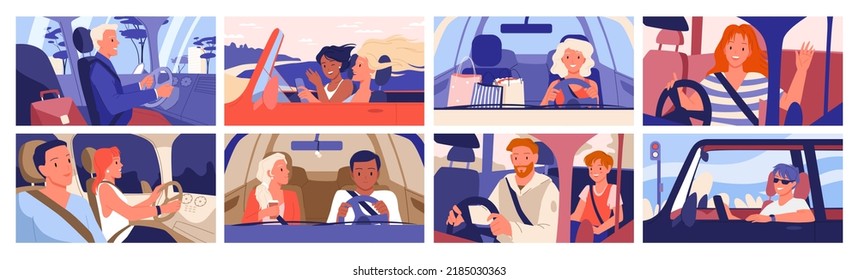 People inside car set vector illustration. Cartoon drivers holding steering wheel to drive vehicle, front and side view of woman and man sitting in interior of automobile background. Travel concept