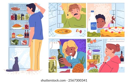 People inside fridge. Man looking food in open empty refrigerator, woman checking nutrition storage on shelf hungry characters night snack kitchen, set classy vector illustration original artwork