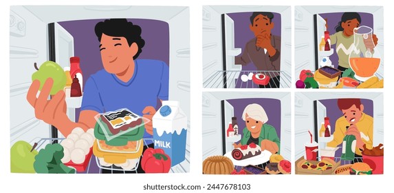 People Inside Fridge Rummaging For Food, Light Flickering, Cold Air Swirling. Characters Hands Reaching Searching For Leftovers And Snacks Amidst The Chilly Shelves. Cartoon People Vector Illustration