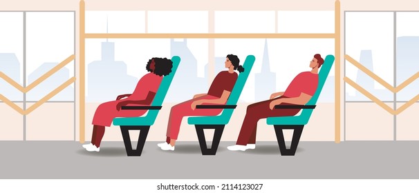 People inside passenger transport. Flat vector stock illustration. Multicultural people inside a bus, train, trolleybus, tram. Sitting on an armchair