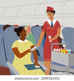 People inside plane. Steardess serve client and give food and water. Travel and vacation, trip and flight. Woman in red uniform with passenger. Flat vector illustration