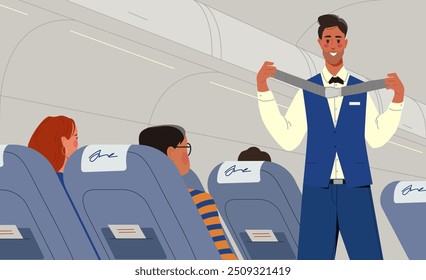 People inside plane. Steward or pilot in airplane give instructions to passengers. Travel and vacation, trip and flight. Safety protocol. Poster or banner. Flat vector illustration