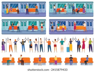 People inside subway icons set cartoon vector. Transport travel. Social public tram