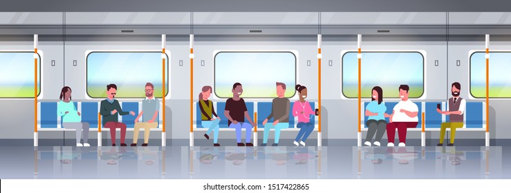 People Inside Subway Metro Train Mix Race Passengers Sitting In Public Transport Concept Horizontal Flat Full Length