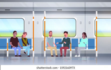 People Inside Subway Metro Train Discussing During Trip Mix Race Passengers Sitting In Public Transport Horizontal Flat Full Length Vector Illustration