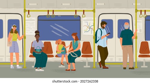 People inside subway train concept vector illustration. Passengers stand and sit in metro train. City underground public transport. People watching mobile phone while commute by subway