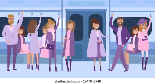 People inside a subway train. Passengers of the underground. People and public transport. Editable vector illustration