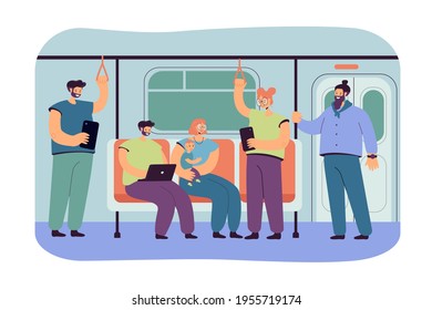People inside subway or underground train flat vector illustration. Cartoon passengers using metro or tube as public transportation. Public transport, transportation, metro concept for landing page