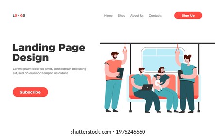 People inside subway or underground train flat vector illustration. Cartoon passengers using metro or tube as public transportation. Public transport, transportation, metro concept for landing page