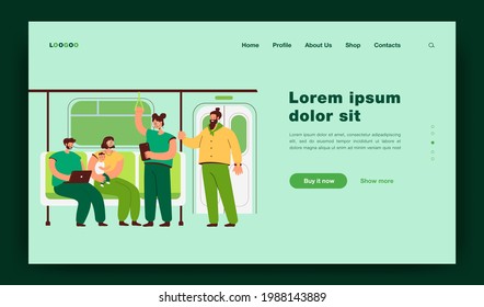 People inside subway or underground train flat vector illustration. Cartoon passengers using metro or tube as public transportation. Public transport, transportation, metro concept for landing page