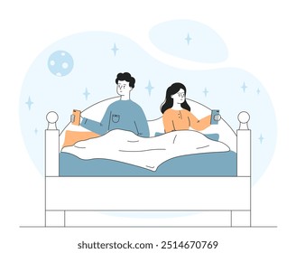 Personas con insomnio. Hombre y mujer sentados en la cama. Problemas mentales y psicológicos. Pareja dormida con pesadilla. Estrés y depresión. Ilustración vectorial lineal aislada sobre fondo blanco