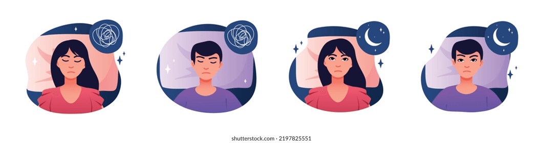 People with insomnia set. Collection of posters or banners. Problems with psychology, mental health, depression and frustration. Cartoon flat vector illustrations isolated on white background