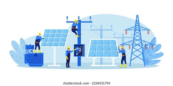 People install, configure solar panel system. Utility workers repairing electric installations, power lines. Green renewable energy, global warming, environment. Generate energy equipment maintenance