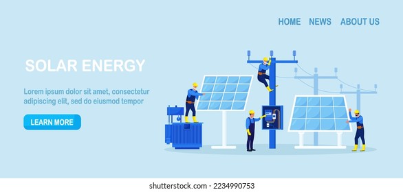 People install, configure solar panel system. Utility workers repairing electric installations, power lines. Green renewable energy, global warming, environment. Generate energy equipment maintenance