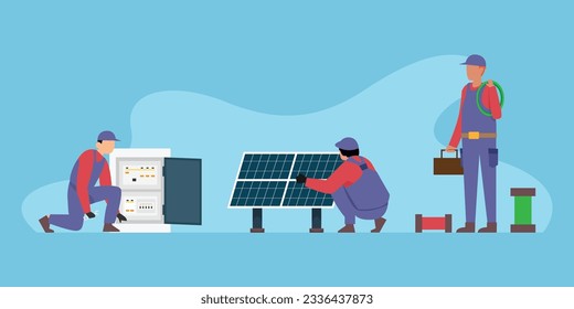 People install, configure solar panel system 2d vector illustration concept for banner, website, illustration, landing page, flyer, etc