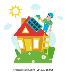 People are installing solar panels on their houses, already installed panels can be seen on the roofs. On a white background. Vector illustration. SHOTLISTeco