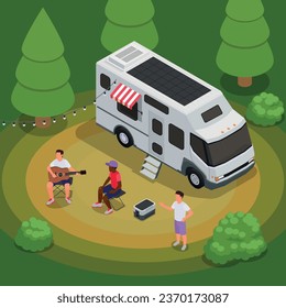 People installing and using solar panels isometric composition group of people camping in the woods with a solar powered trailer vector illustration
