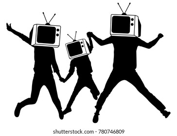 People instead of head TV, silhouette. Man of Zombies. Propaganda, fake news.