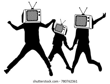 People instead of head TV, silhouette. Propaganda, fake news. Man of Zombies. Information war