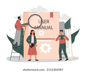 People with instruction. Men and girls with magnifying glass studying book with user manual. Modern technologies and digital wold, work with information concept. Cartoon flat vector illustration