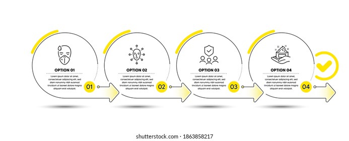 People insurance, Sick man and Face biometrics line icons set. Timeline process infograph. Skin care sign. Risk coverage, Epidemic protection, Facial recognition. Hand cream. Medical set. Vector