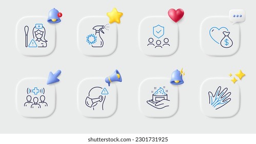 People insurance, Veins and Medical staff line icons. Buttons with 3d bell, chat speech, cursor. Pack of Nurse, Donation, Skin care icon. Medical mask, Coronavirus spray pictogram. Vector