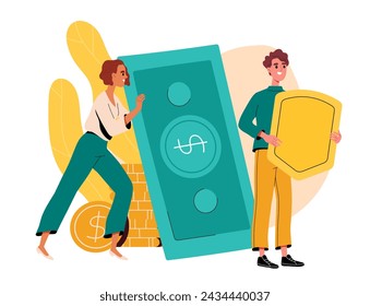 People with insured money. Man and woman with golden shield, coins and green banknotes. Financial literacy and savings, budgeting. Poster or banner. Cartoon flat vector illustration