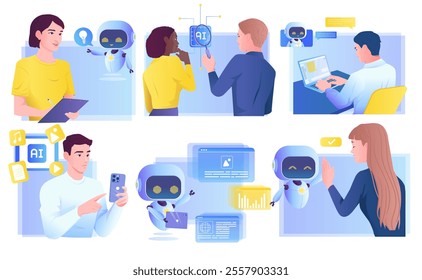 People interact with ai apps. Set of scenes with men and women using artificial intelligence technologies for work, study and business. Cartoon vector illustration collection isolated on background