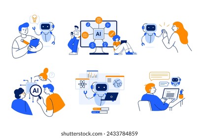 People interact with artificial intelligence apps. AI technology helps with productivity work and study in the modern world. Vector flat illustrations isolated on a white background.