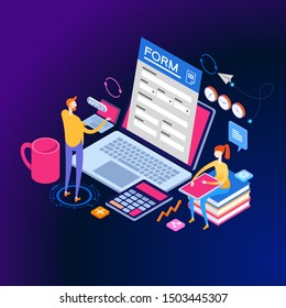 People interact with computers and online applications. Form, landing page for infographics. Flat isometric vector illustration.
