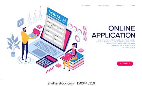 People interact with computers and online applications. Form, landing page for infographics. Flat isometric vector illustration.