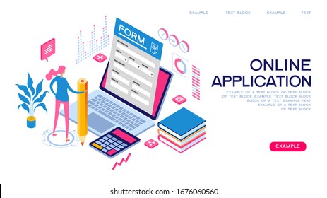 People interact with computers and online applications. Form, landing page for infographics. Flat isometric vector illustration.