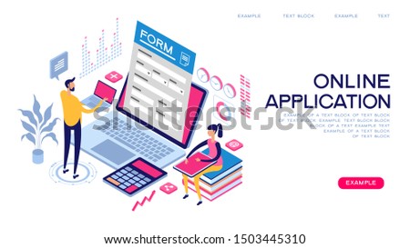 People interact with computers and online applications. Form, landing page for infographics. Flat isometric vector illustration.