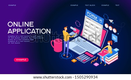 People interact with computers and online applications. Form, landing page for infographics. Flat isometric vector illustration.