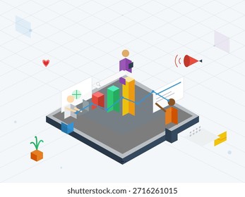 People interact with digital graphic elements in a modern workspace setting during a work session focused on data analysis