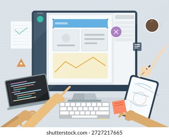 People interact in a digital workspace, using a computer, tablet, and laptop. Graphs and notes are visible, illustrating project planning and teamwork. Coffee cup nearby.