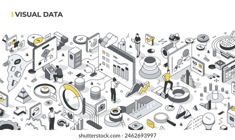 People interact with diverse data visuals, from pie charts to diagrams. Visual data in business planning, analysing, decision making, and data presentation. Isometric illustrations