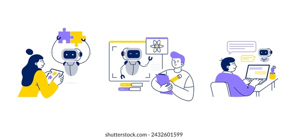 People interact with online chatbots. Robot helps users with work and study online chatbot services. Vector flat illustrations isolated on a white background.