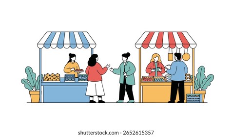 As pessoas interagem em barracas de mercado ao ar livre com produtos frescos e itens alimentícios com clientes fazendo compras e fornecedores servindo-os