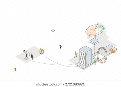 As pessoas interagem com um servidor e uma antena parabólica num espaço digital. Os personagens mostram trabalho em equipe e foco na tecnologia. Ferramentas e dispositivos são simplesmente organizados.