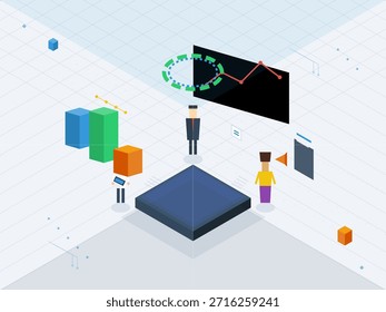 As pessoas interagem com formas e gráficos em um espaço de trabalho digital durante uma reunião em equipe focada na análise de dados e no planejamento de projetos