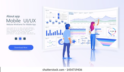 People interacting with admin panel  charts and analyzing statistics. Data visualization concept. Landing page template concept. Business infographic template. 3D isometric vector illustration.