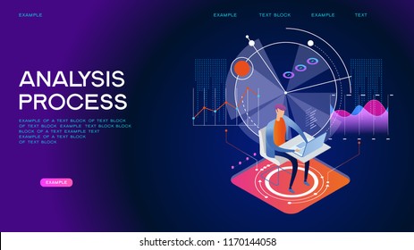 People interacting with analyzing statistics and  charts. Workflow and business management. 3D vector isometric illustration.